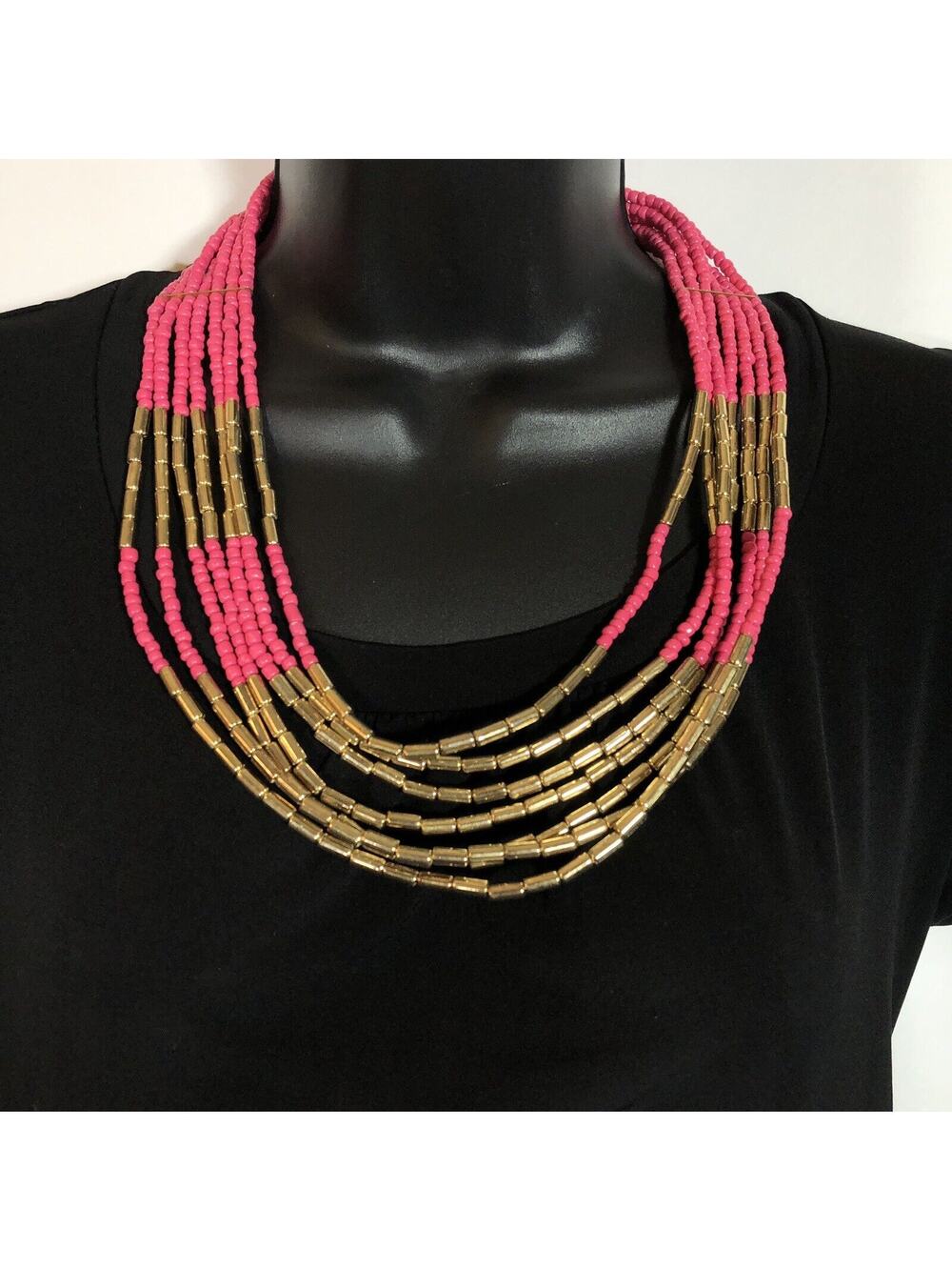 Multistrand Gold Tone and Pink Necklace 7 Strands Seed and Long Beads 20-24"